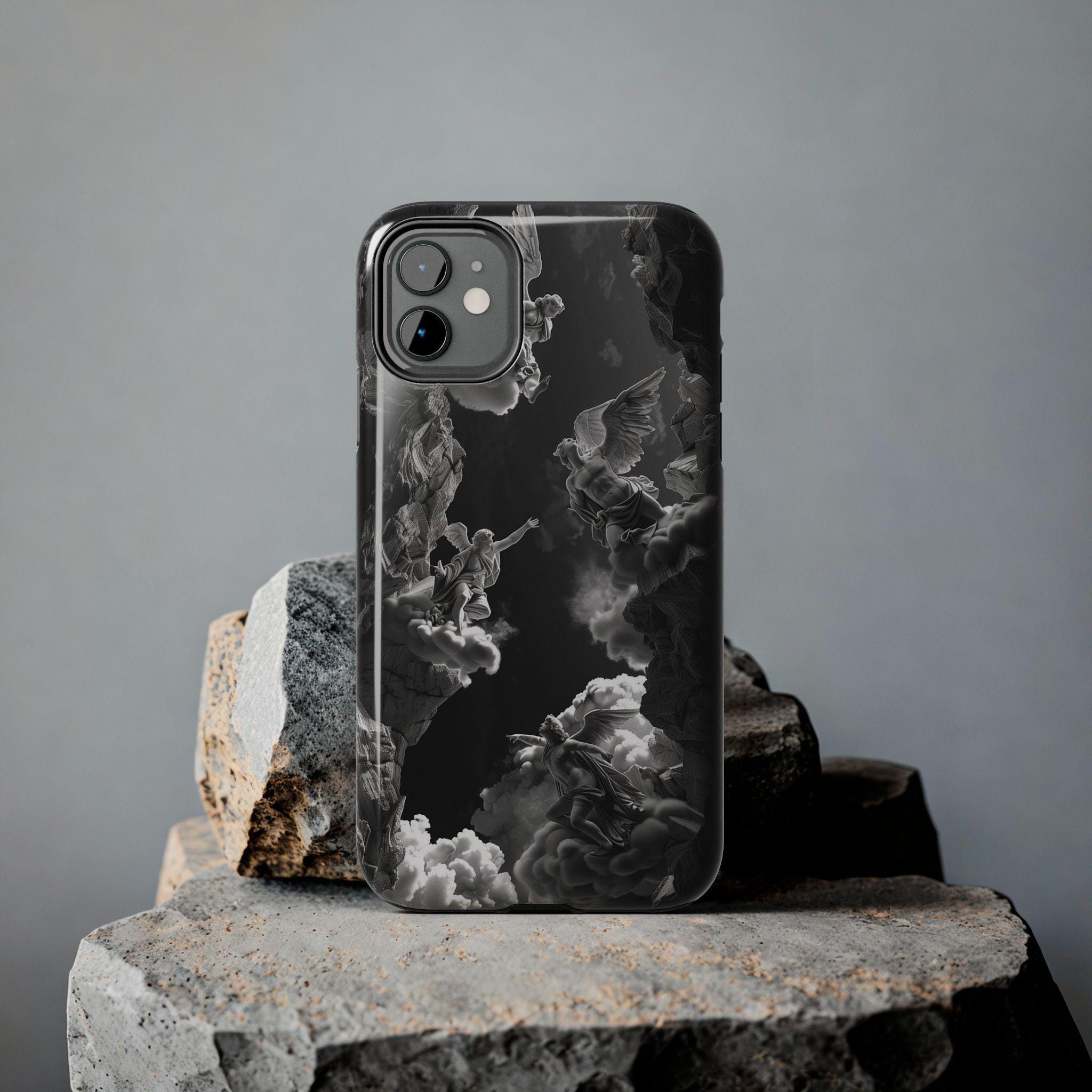 Baroque Phone Case with Angelic Cloud Artwork | Black and White Design