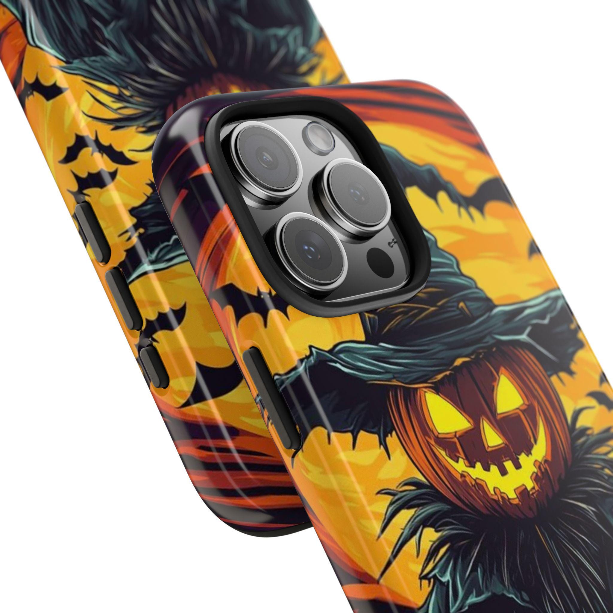 Halloween Phone Case with Jack-o'-Lantern Scarecrow Design, Customizable for Various Models