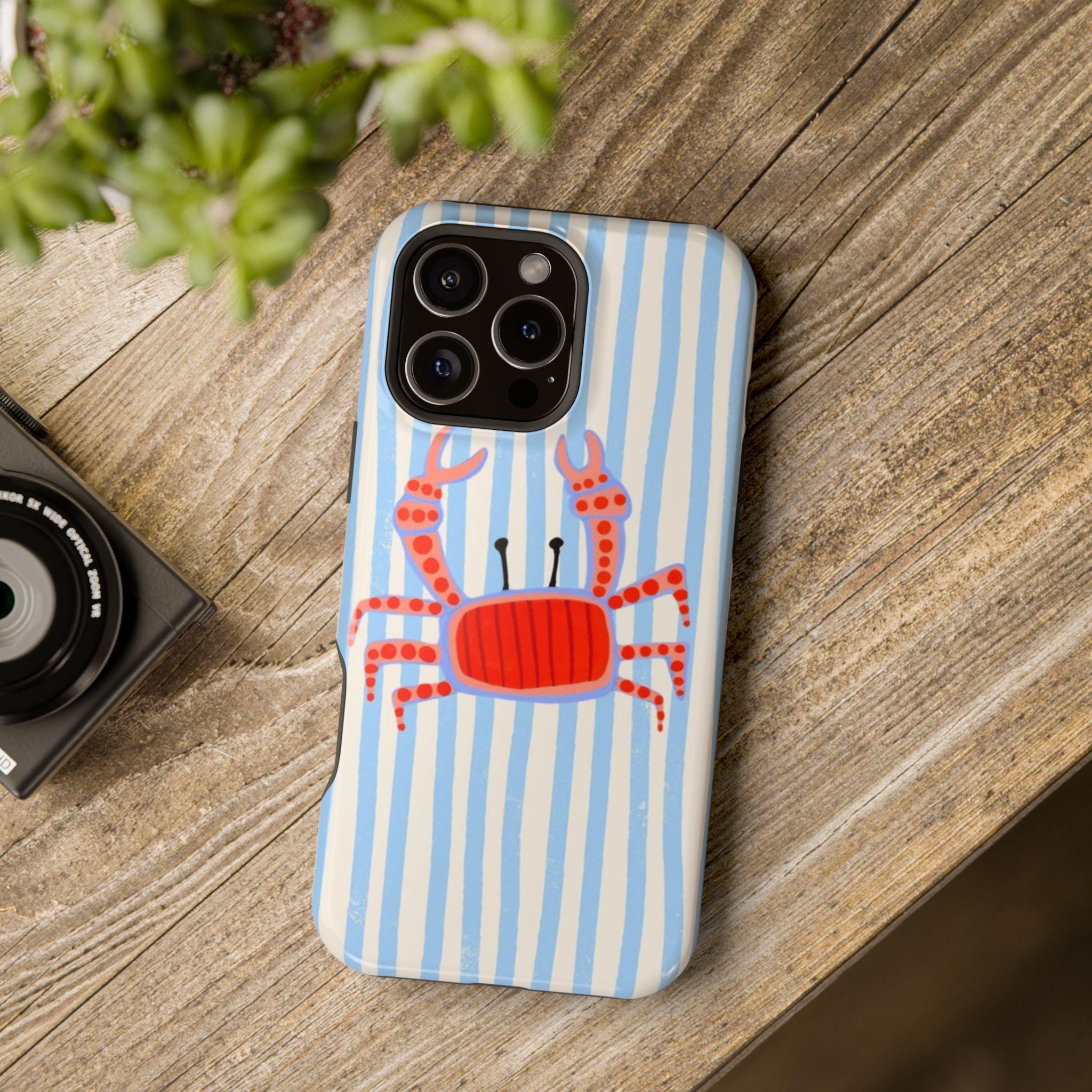 Red Crab on Blue Stripes Phone Case | Cute Beach Coastal Marine Design