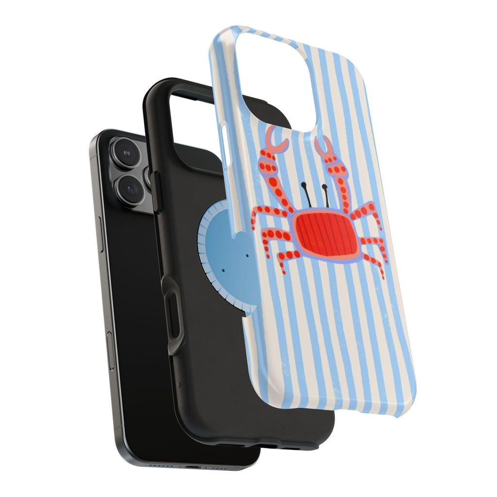 Red Crab on Blue Stripes Phone Case | Cute Beach Coastal Marine Design