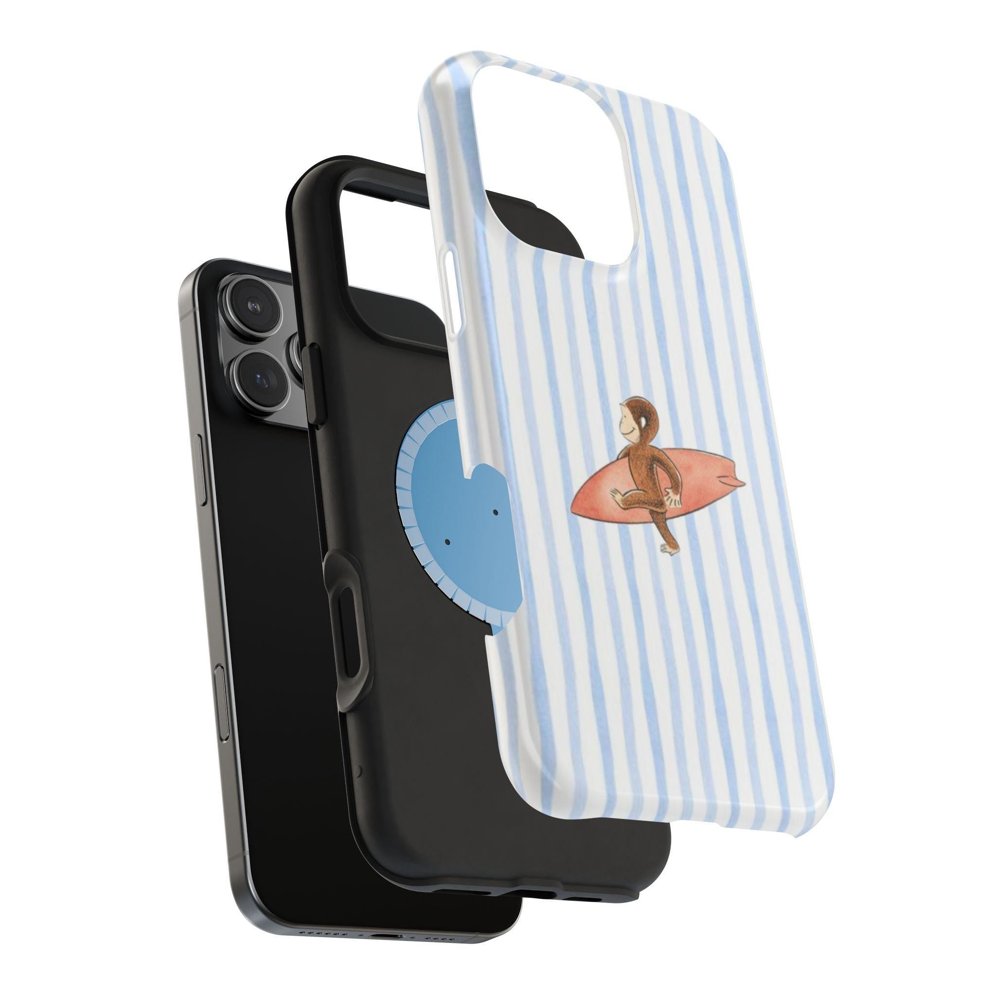 Surfer Monkey on Blue Stripe Phone Case | Magnetic Impact-Resistant Case