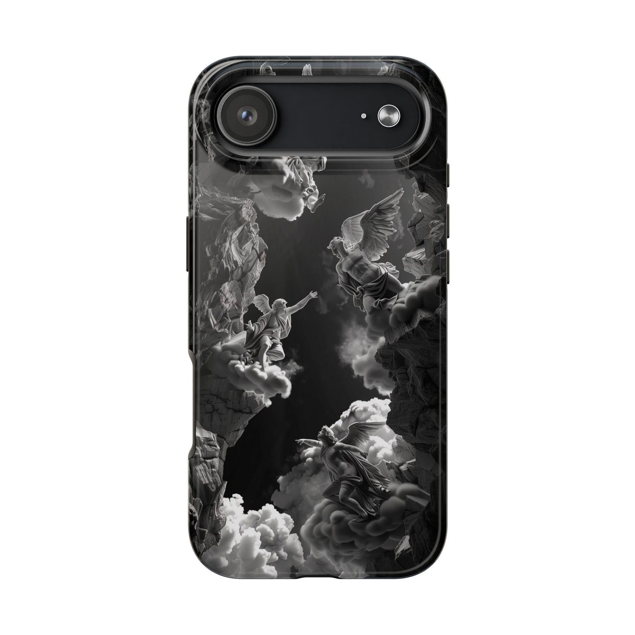 Baroque Phone Case with Angelic Cloud Artwork | Black and White Design