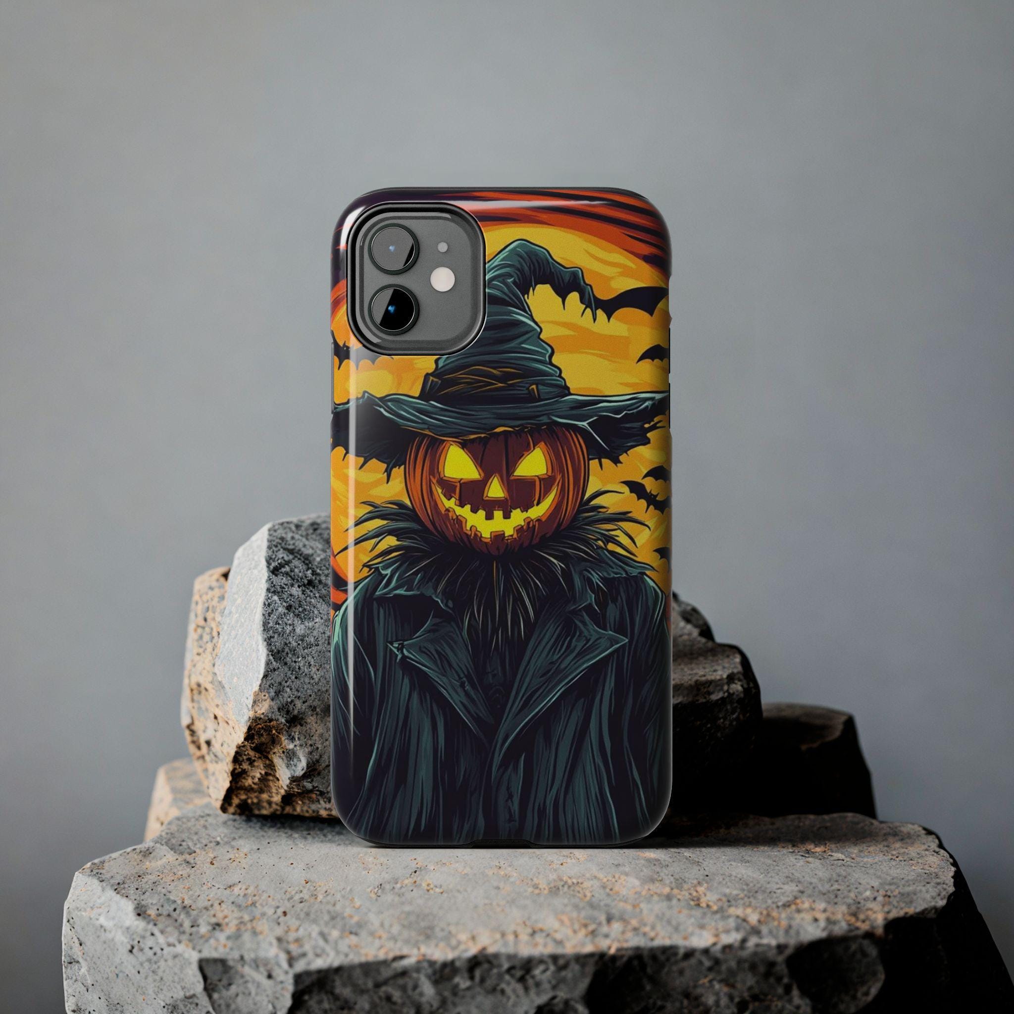 Halloween Phone Case with Jack-o'-Lantern Scarecrow Design, Customizable for Various Models