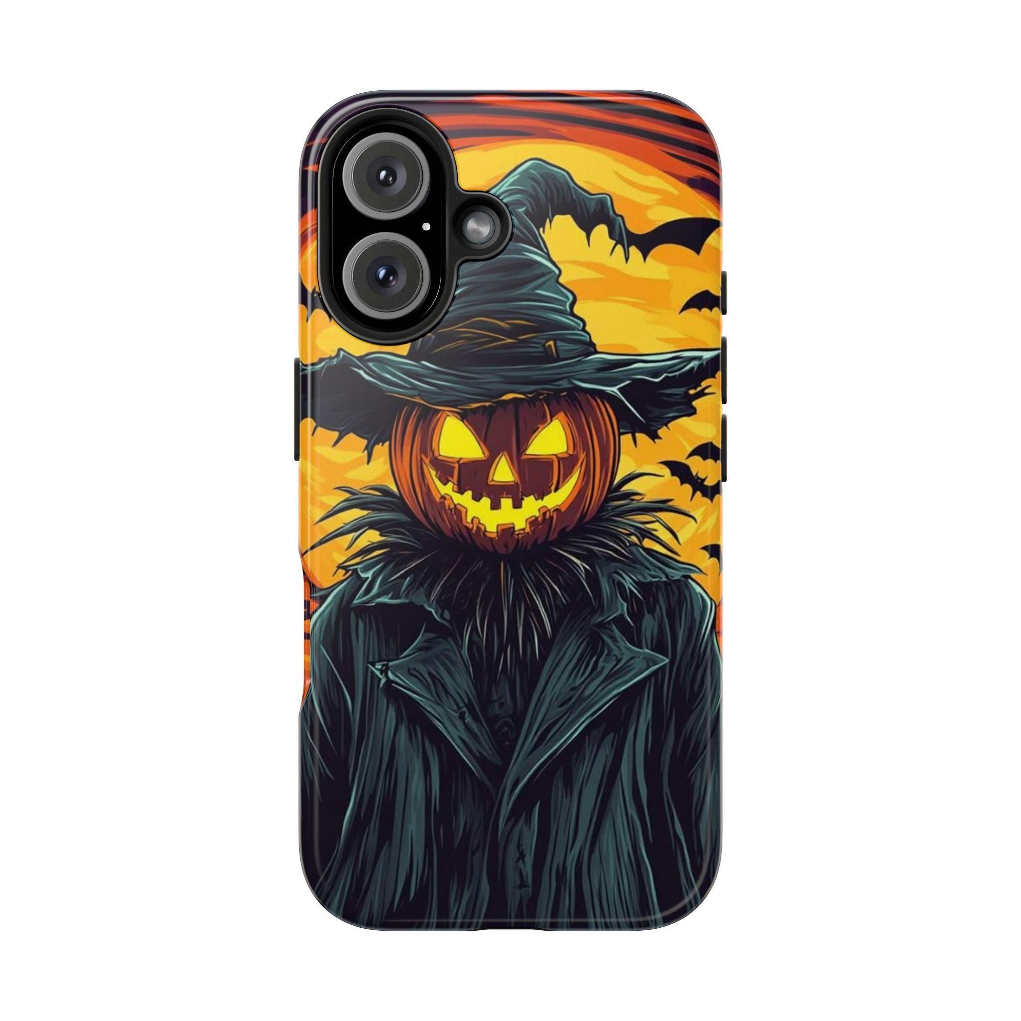 Halloween Phone Case with Jack-o'-Lantern Scarecrow Design, Customizable for Various Models