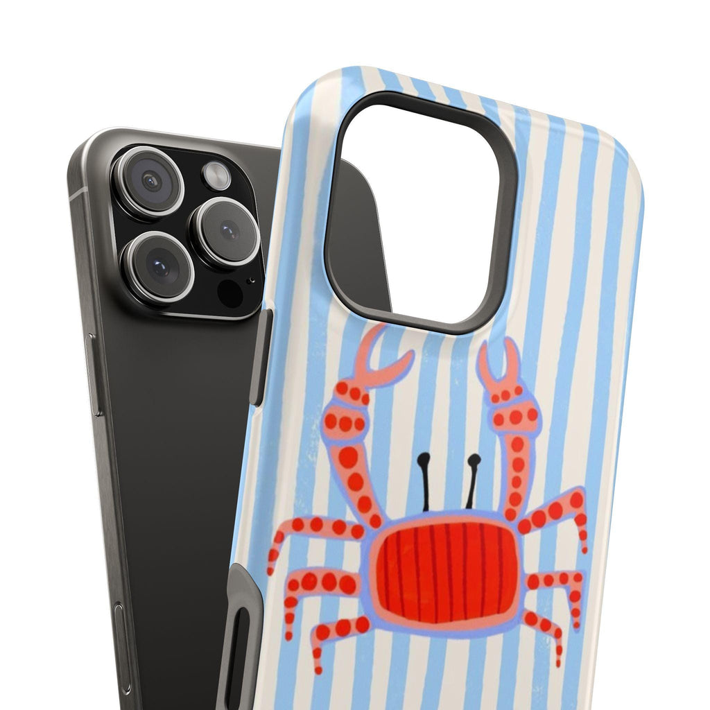 Red Crab on Blue Stripes Phone Case | Cute Beach Coastal Marine Design