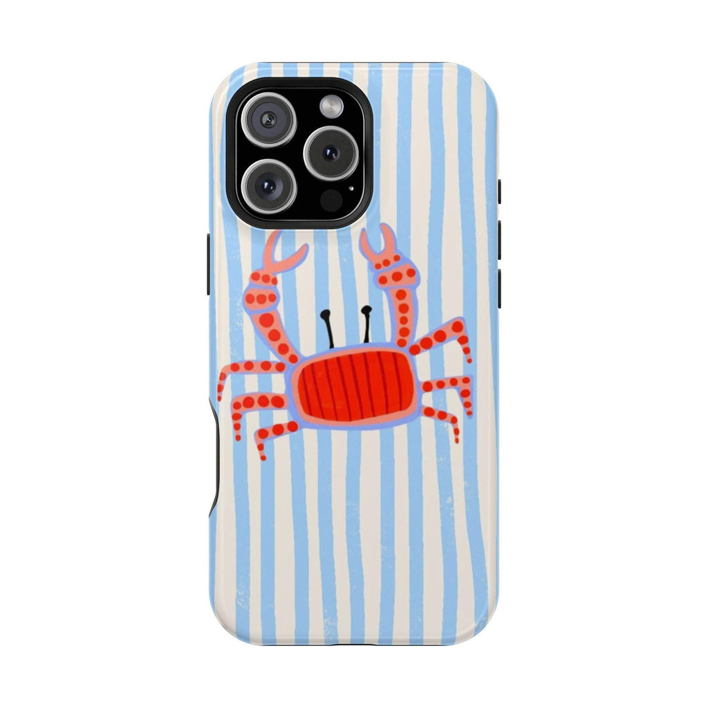 Red Crab on Blue Stripes Phone Case | Cute Beach Coastal Marine Design
