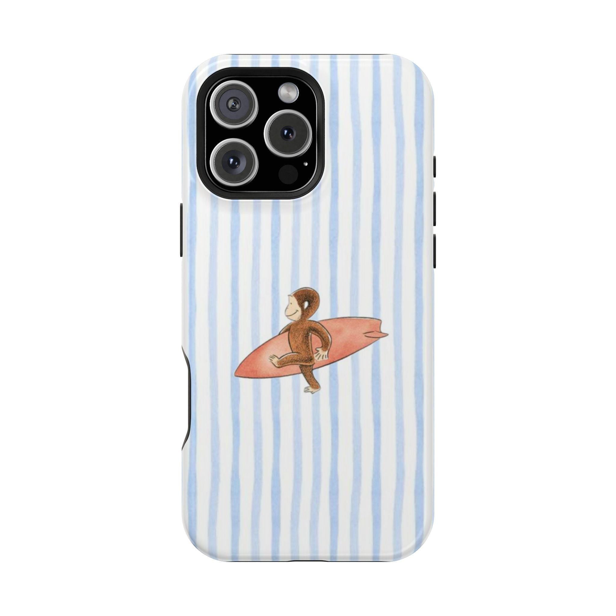 Surfer Monkey on Blue Stripe Phone Case | Magnetic Impact-Resistant Case